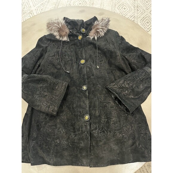 Prodi Women’s Winter Genuine Embossed Black Leather Coat Fox Fur Trim XXL - Picture 14 of 16